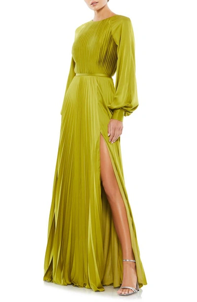 Shop Mac Duggal Pleated Long Sleeve Satin A-line Gown In Apple Green