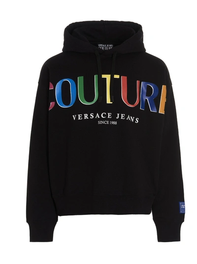 Shop Versace Jeans Couture Logo Print Drawstring Hoodie In Black