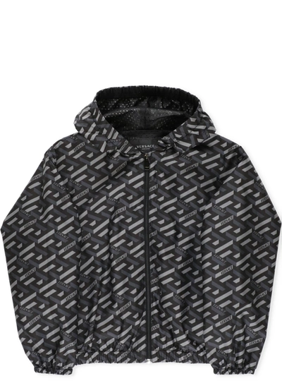 Shop Versace Kids Monogram Printed Hooded Jacket In Multi