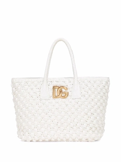 Shop Dolce & Gabbana Raffia Tote Bag In White