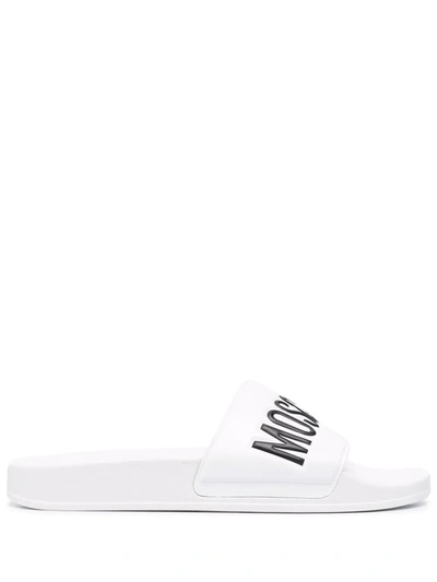 Shop Moschino Logo-print Single-strap Sliders In White