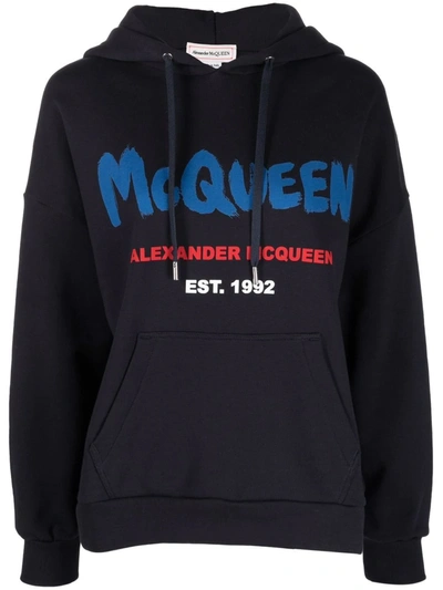 Shop Alexander Mcqueen Logo-print Pullover Hoodie In Blue