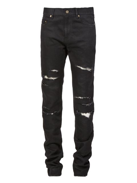 Saint Laurent Black Original Low Waisted Destroyed Skinny Jeans | ModeSens