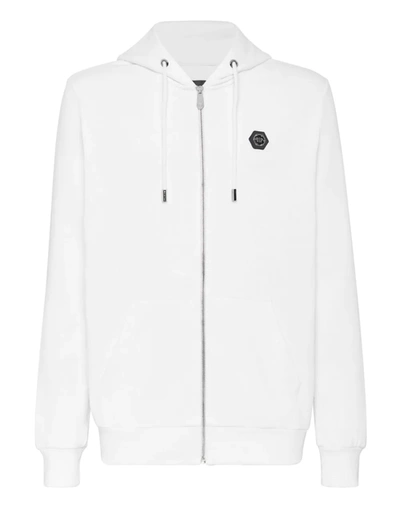 Shop Philipp Plein Plein™ Logo Zip-up Hoodie In White