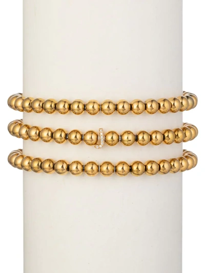 Shop Eye Candy La Women's Luxe Collection 3-piece Initial Goldtone Beaded & Cubic Zirconia Bracelet Set In Letter J