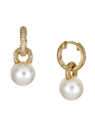 Shop Belpearl Women's 14k Yellow Gold, Diamond & 10mm Round Cultured Pearl Detachable Huggie Earrings