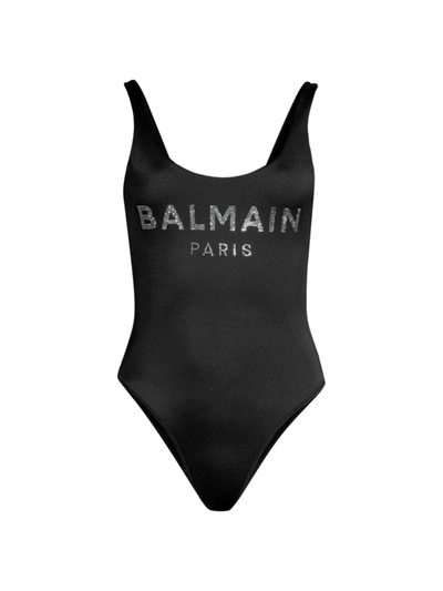 Shop Balmain Strass Logo Swimsuit In Black