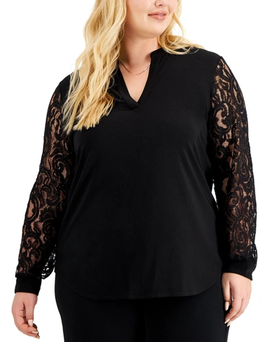 Shop Kasper Plus Size Lace-sleeve Split-neck Top In Black