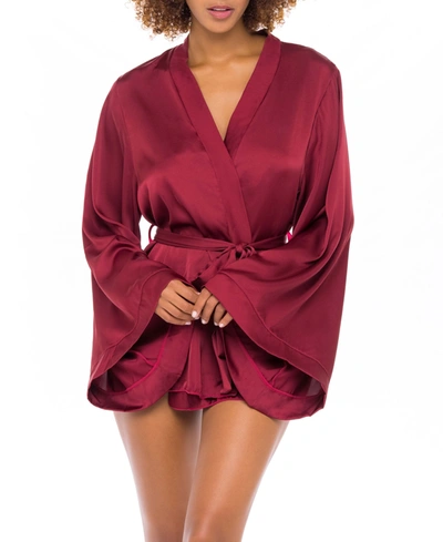 Shop Oh La La Cheri Women's Short Polyester Charmeuse Lingerie Robe With Wide Sleeves And A Tie Belt In Rhubarb