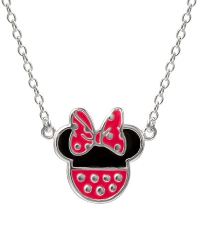 Disney Minnie Mouse Enamel Pendant Necklace In Sterling Silver, 16" + 2" Extender In Sterling Silver