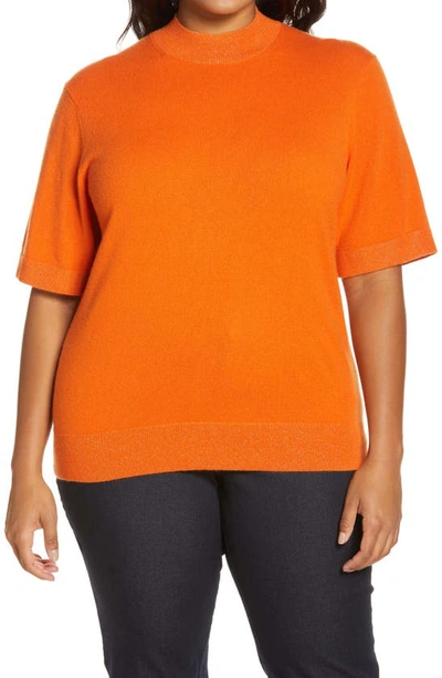 Shop Lafayette 148 Metallic Trim Cashmere Mock Neck Sweater In Ember Orange