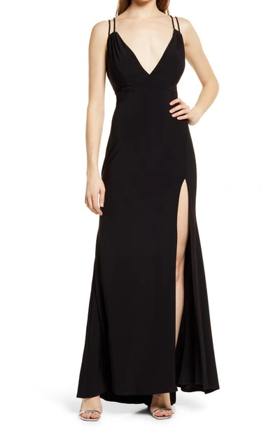 Shop Jump Apparel V-neck Side Slit Jersey Gown In Black