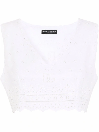 Dolce & Gabbana Women's Broderie Anglaise Linen-silk Cropped Top In Weiss