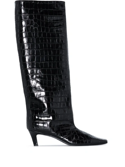 Totême Brown Croco-embossed Wide Shaft Tall Boots In Schwarz