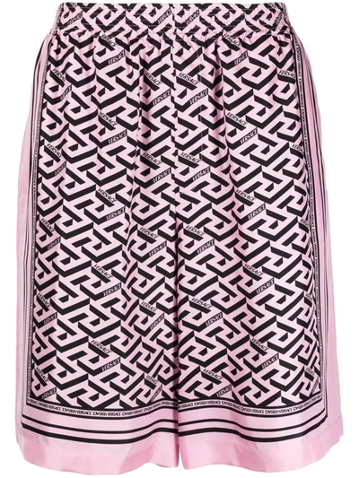 Shop Versace Greca-print Silk Shorts In Rosa