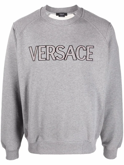 Shop Versace Logo-embroidered Cotton Sweatshirt In Grau