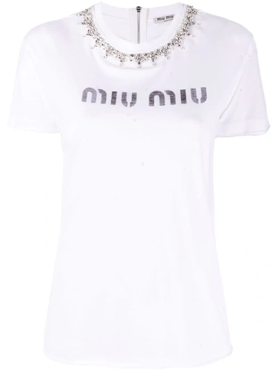 Shop Miu Miu Crystal-embellished Logo-print T-shirt In Weiss