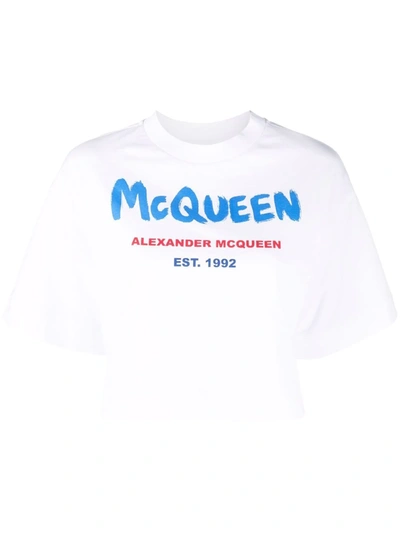 Shop Alexander Mcqueen Graffiti-logo Cotton T-shirt In Weiss