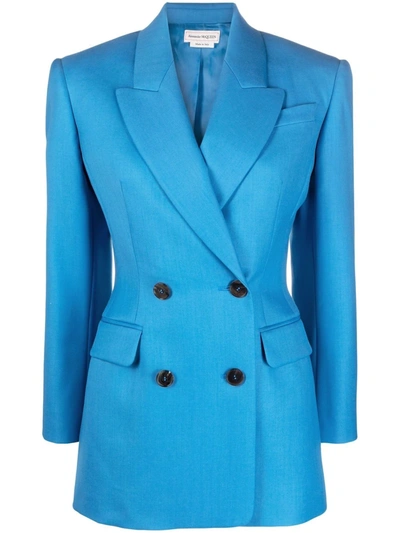 Shop Alexander Mcqueen Double-breasted Wool Blazer In Blue