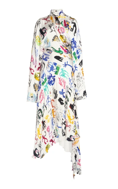 Shop Balenciaga Women's Asymmetric Printed Satin Tie-neck Maxi Dress In Floral