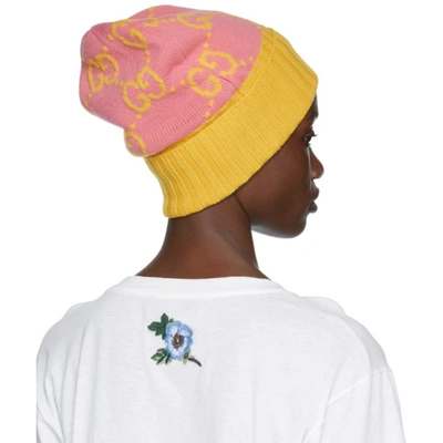Shop Gucci Pink & Yellow Wool Gg Beanie In 5975 Pink/yellow