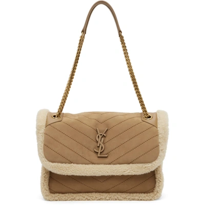 Shop Saint Laurent Taupe Shearling Medium Niki Bag In 9276 Ivor/nat.tan/na