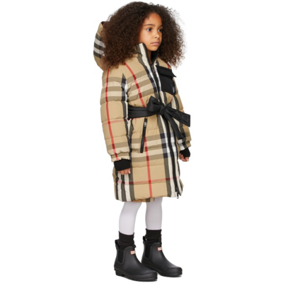 Kids Reversible Beige Down Check Coat In Brown