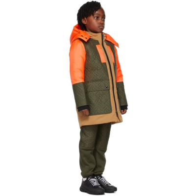 Shop Burberry Kids Orange & Khaki Down Monogram Quilted Coat In Neon Orange