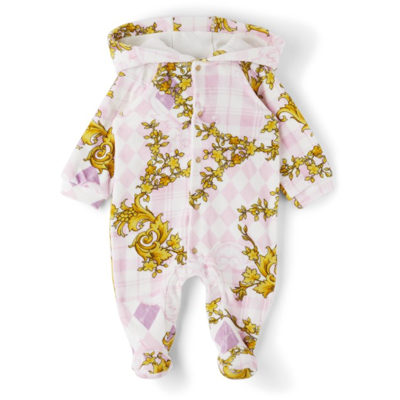 Shop Versace Baby Pink Terrycloth Barocco Argyle Bodysuit In 5p060 Pink+gold