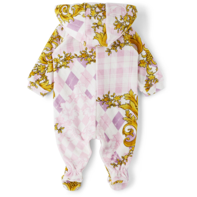 Shop Versace Baby Pink Terrycloth Barocco Argyle Bodysuit In 5p060 Pink+gold