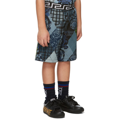 Shop Versace Kids Blue & Green Barocco Argyle Shorts In 5u110 Blue+light Blu