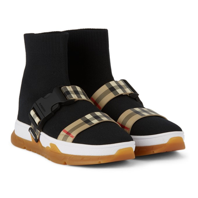 Shop Burberry Kids Buckled Strap Union Sock Sneakers In Black