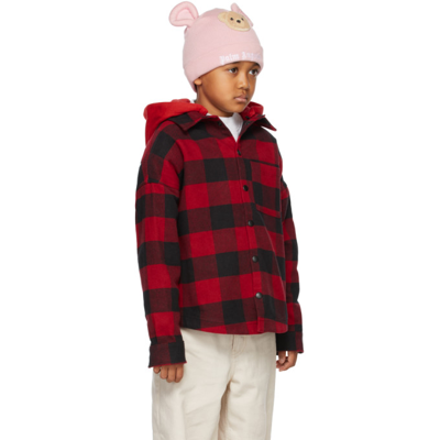 Shop Palm Angels Kids Red & Black Flannel Logo Hoodie In Red White
