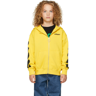 Shop Off-white Kids Script Logo Zip-up Hoodie In Yellow/black