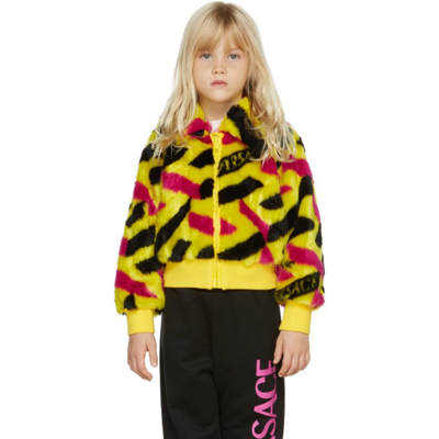 Shop Versace Kids Yellow Faux-fur 'la Greca' Jacket In 2y250 Yellow+black