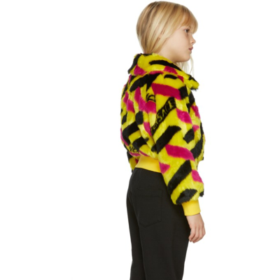 Shop Versace Kids Yellow Faux-fur 'la Greca' Jacket In 2y250 Yellow+black
