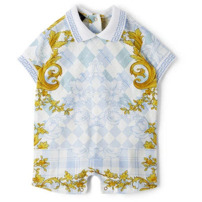 Shop Versace Baby Blue Barocco Argyle Romper In 5v030 Light Blue+gol