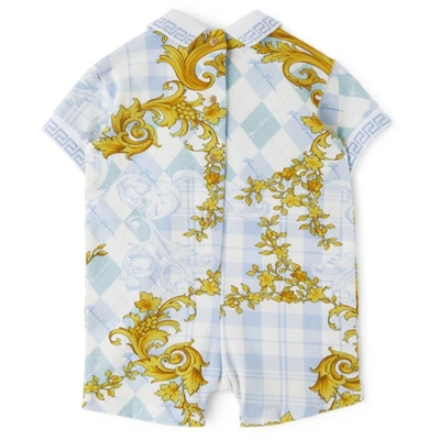 Shop Versace Baby Blue Barocco Argyle Romper In 5v030 Light Blue+gol