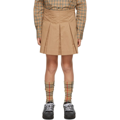Shop Burberry Kids Beige Monogram Pleated Skirt In Archive Beige