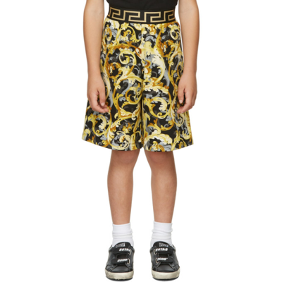 Shop Versace Kids Black & Gold Baroccoflage Shorts In 5b000 Black+gold