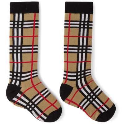 Shop Burberry Kids Beige Intarsia Check Socks In Archive Beige