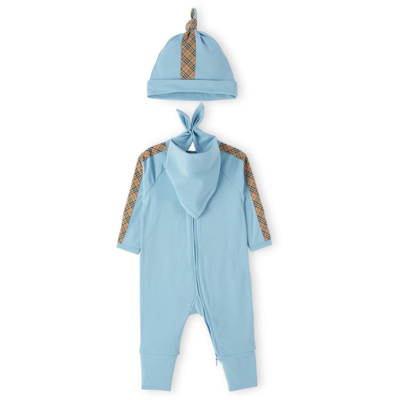 Shop Burberry Baby Blue Check Trim Bodysuit Set In Powdered Blue