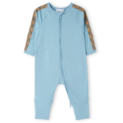 Shop Burberry Baby Blue Check Trim Bodysuit Set In Powdered Blue