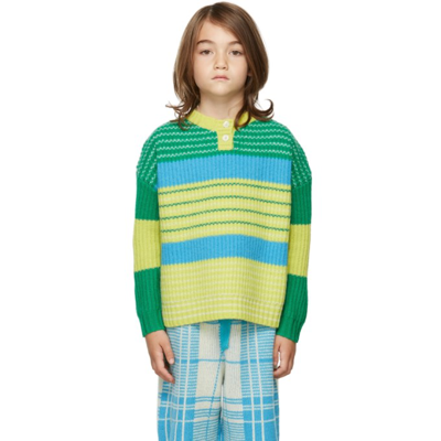 Shop Ligne Noire Kids Green & Blue Virgin Wool Stripe Sweater In Green-water