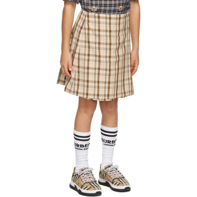 Shop Burberry Kids Beige Check Logo Print Lianne Pleated Skirt