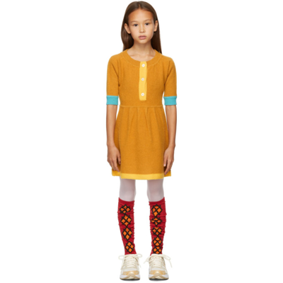 Shop Ligne Noire Kids Gold Virgin Wool Long Sleeve Little Dress In Gold Beige