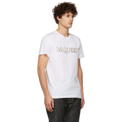Shop Alexander Mcqueen White Embroidered Logo T-shirt In 0900 White/