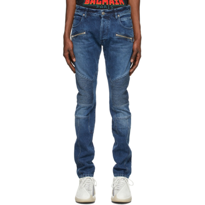 Shop Balmain Blue Ribbed Skinny Jeans In 6kd Bleu Jean Brut