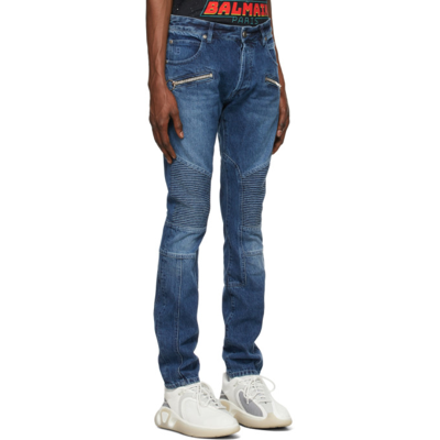 Shop Balmain Blue Ribbed Skinny Jeans In 6kd Bleu Jean Brut