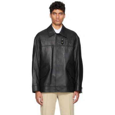 Shop Solid Homme Black Outshirts Leather Jacket In Black 203b